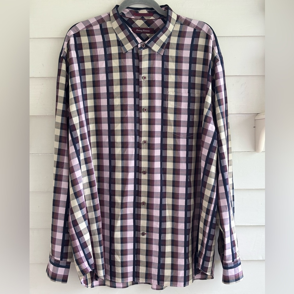 Tommy Bahama 100% Silk Plaid Long Sleeve Buuton Shirt Men’s Size XXL